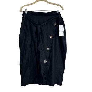 Just Fab Womens Linen Blend Midi Skirt XL Black Asymmetric Buttons New with Tags
